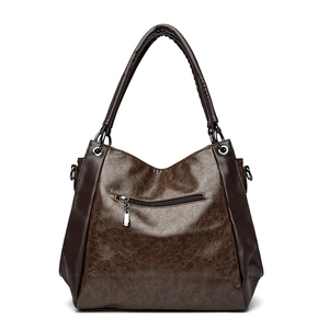Retro large capacity tote bag in brown oil-wax leather with silver zipper pocket