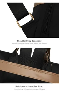 Close-up of gold metal hardware and reinforced stitching on a bicolor leather backpack
