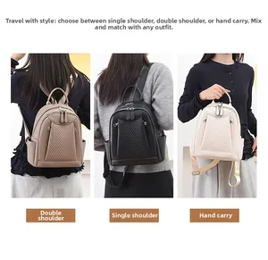 Three-way carry view of women's faux leather backpack with decorative V-stitching details