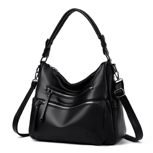 Elegant black lychee textured hobo bag with dual front zippers and top handle
