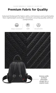 Detail of waterproof black PU leather backpack showing thick texture and knit straps