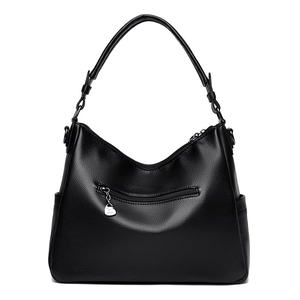 Classic black litchi pattern leather handbag with heart-shaped metal zipper pull detail