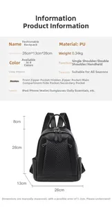Detail view of black PU backpack dimensions 26x13x28cm with internal structure specs