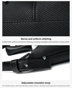 Close-up of black woven texture bag with silver buckle and reinforced stitching