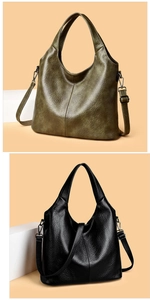 Detail of lychee pattern leather texture on olive green and black hobo style bags