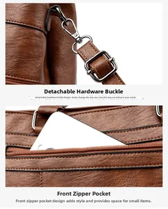 Detail of vintage brown tote featuring high-quality metal buckle and front zipper pocket