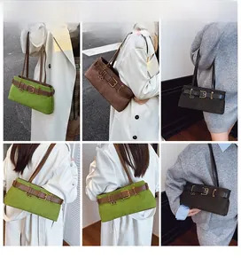 Trois sacs portés épaule élégants en vert, marron et noir vus sous différents angles