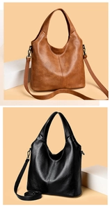 Detail of pebbled leather hobo bags with adjustable straps in black and brown
