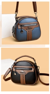 Detail of shell-shaped crossbody bags featuring lychee grain texture and kangaroo metal logo