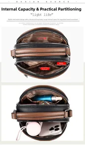 Internal structure of a leather crossbody bag showing two main compartments and daily storage