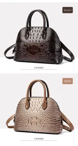 Detail view of khaki and dark brown shell bags featuring elegant faux crocodile texture