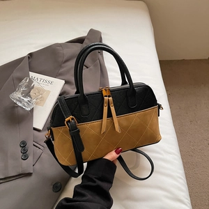 Sac À Main Matelassé Rétro Femmes Daim Et Similicuir Bloc De Couleur Sac À Bandoulière Avec Doubles Fermetures Éclair