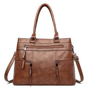 Vintage Women Tote Handbag PU Leather Litchi Texture Multi Zipper Pockets Crossbody Bag With Adjustable Strap