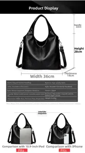 Size comparison of black lychee grain tote bag with iPad and iPhone for scale