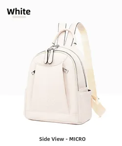 Detail side view of a white pebbled PU leather backpack with a V-shaped front zipper pocket