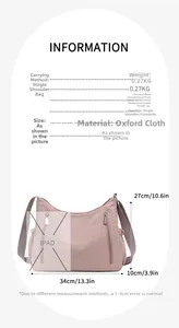 Size guide for Oxford cloth crossbody bag showing dimensions 34x27x10cm and multi-pocket layout