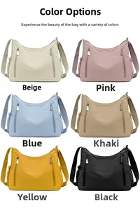 Overview of oxford cloth crossbody bags in six colors including beige, pink and blue
