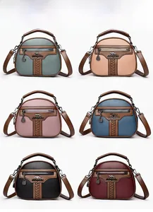 Detailed grid view of textured leather shoulder bags in six vibrant seasonal colors