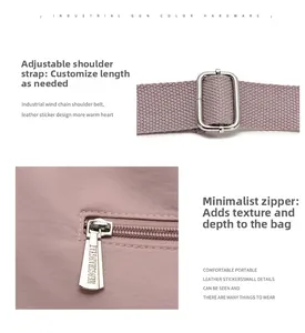 Detail of adjustable canvas strap and silver metal buckle on purple nylon crossbody bag