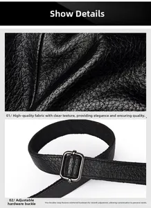 Detail of black pebbled leather texture and adjustable metal buckle on shoulder strap