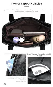 Détail du sac à main noir en cuir grainé montrant l'intérieur multi-compartiments spacieux