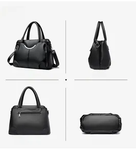 Vues détaillées sous quatre angles d'un sac à main noir en cuir avec poches zippées