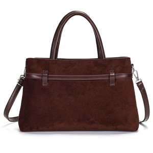 Minimalist dark brown suede tote bag with top handles and adjustable shoulder strap