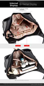 Internal layout of black lychee leather tote bag showing large capacity for iPad and makeup
