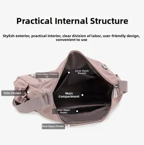 Detailed interior view showing multi-pocket compartments of a pink nylon crossbody bag