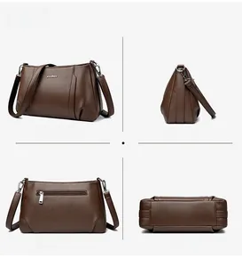 Detailed four-view of brown lychee grain leather crossbody bag with back zipper pocket