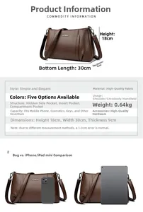 Detailed size specifications for a dark brown litchi textured leather crossbody bag