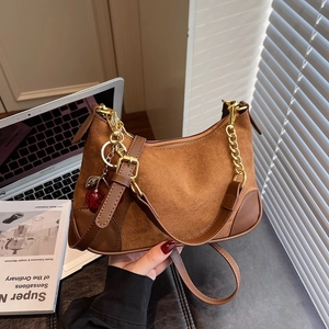 Suede Hobo Shoulder Bag For Women Retro Underarm Crossbody Handbag With Gold Chain And Cherry Pendant