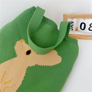 Green knit tote bag with koala pattern and sturdy handles for women's daily commute