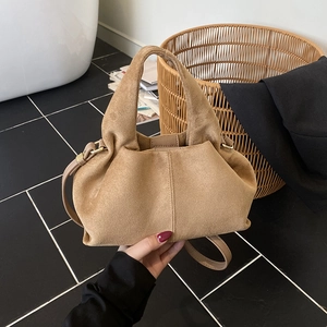 Women Suede Texture Dumpling Cloud Handbag Pleated French Vintage Retro Shoulder Crossbody Bag Minimalist Ladies Satchel