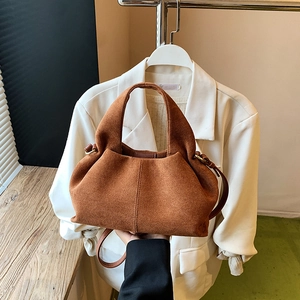 Brown suede cloud dumpling tote bag with a long shoulder strap for women fashion