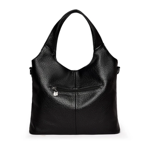 Minimalist black lychee texture leather tote bag with sturdy handles and rear zip pocket