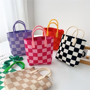 Checkerboard Knit Handbag Women Crochet Bucket Tote Bag With Round Handle Crossbody Strap Casual Sweet Style