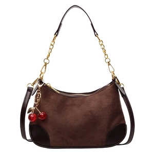 Retro coffee brown suede crescent bag with dark brown leather trim and cherry charm