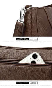 Detail of silver metal hardware and rear anti-theft zipper pocket on brown leather bag