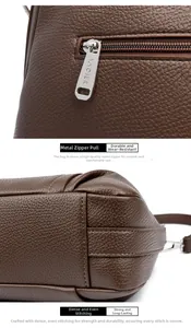 Detail of premium brown lychee grain leather crossbody bag showing metal zipper and stitching