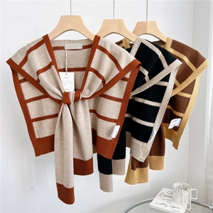 Women Striped Knitted Shawl False Collar Decorative Shoulder Wrap With Tie Knot Elegant Chic Accessory