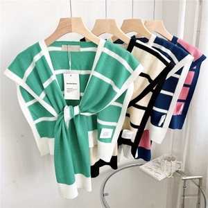 Striped knitted shawl for women in multiple colors with front tie design and soft texture