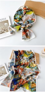 Artistic oil painting print sheer scarf in vibrant blue and yellow abstract pattern