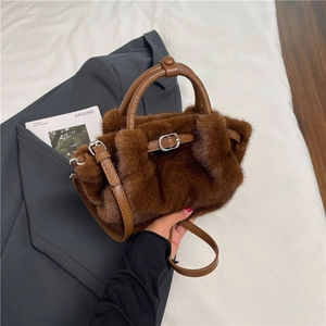 Damen Mode Plüsch Handtasche Kunstpelz Klein Retro Herbst Winter Schulter Umhängetasche Mit PU Lederriemen
