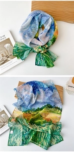 Detail of sheer long scarf featuring Van Gogh oil painting print on lightweight fabric