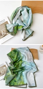 Macro detail of impressionist oil painting print on lightweight sheer chiffon silk scarf