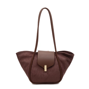 Minimalist chocolate brown tote bag with metal lock and unique trapezoidal wing shape