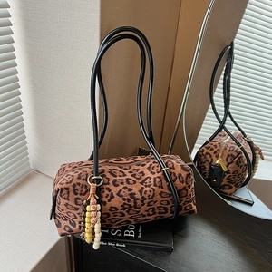 Women Leopard Print Barrel Shoulder Bag Corduroy Retro Underarm Bag With Wooden Bead Pendant Zip Closure Casual