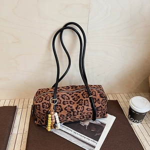 Vintage leopard print cylinder shoulder bag with beaded tassels and black top handles