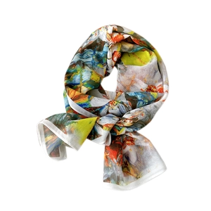 Elegant floral print chiffon long scarf in vibrant yellow and blue for spring and summer